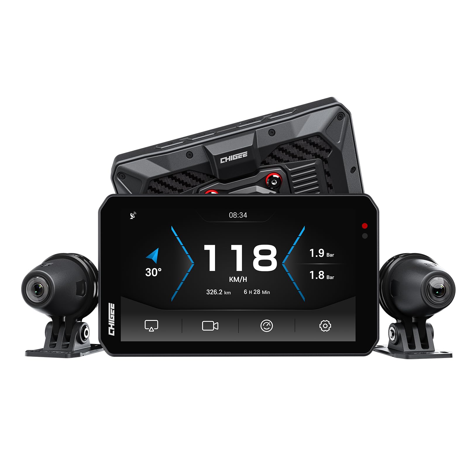 CHIGEE AIO-5 Evo Motorcycle Smart Riding System, Wireless CarPlay & Android Auto, Dual 1080P Front & Rear Dash Cam, Blind Spot Detection (BSD), 5" Waterproof Display, Parking Mode
