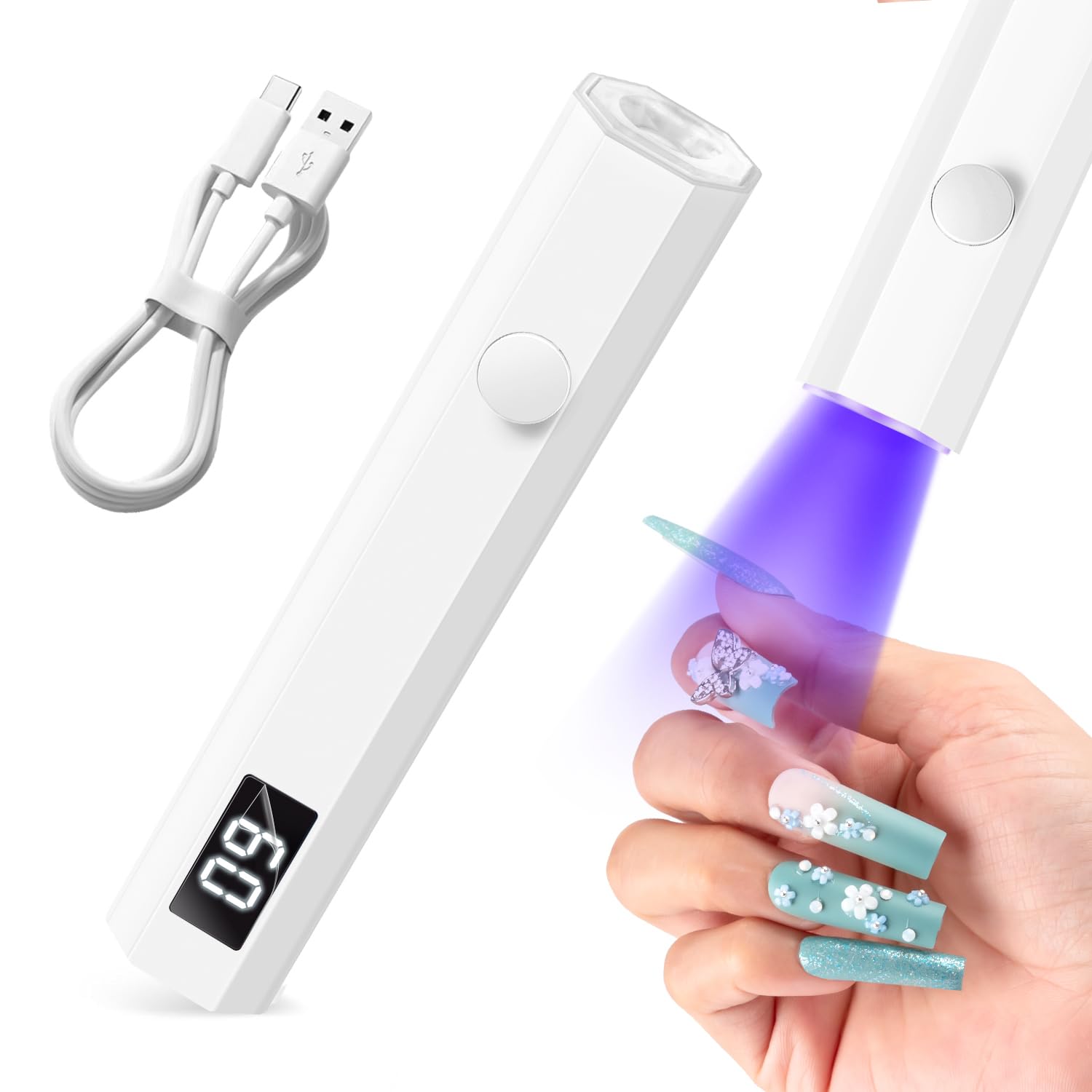 mlogiroa Mini luz UV para uñas, luz de curado de mano, lámpara LED portátil de 3 W con 2 ajustes de temporizador, 20/60 segundos, para el hogar, salón de belleza, esmalte de gel para mujeres (blanco)