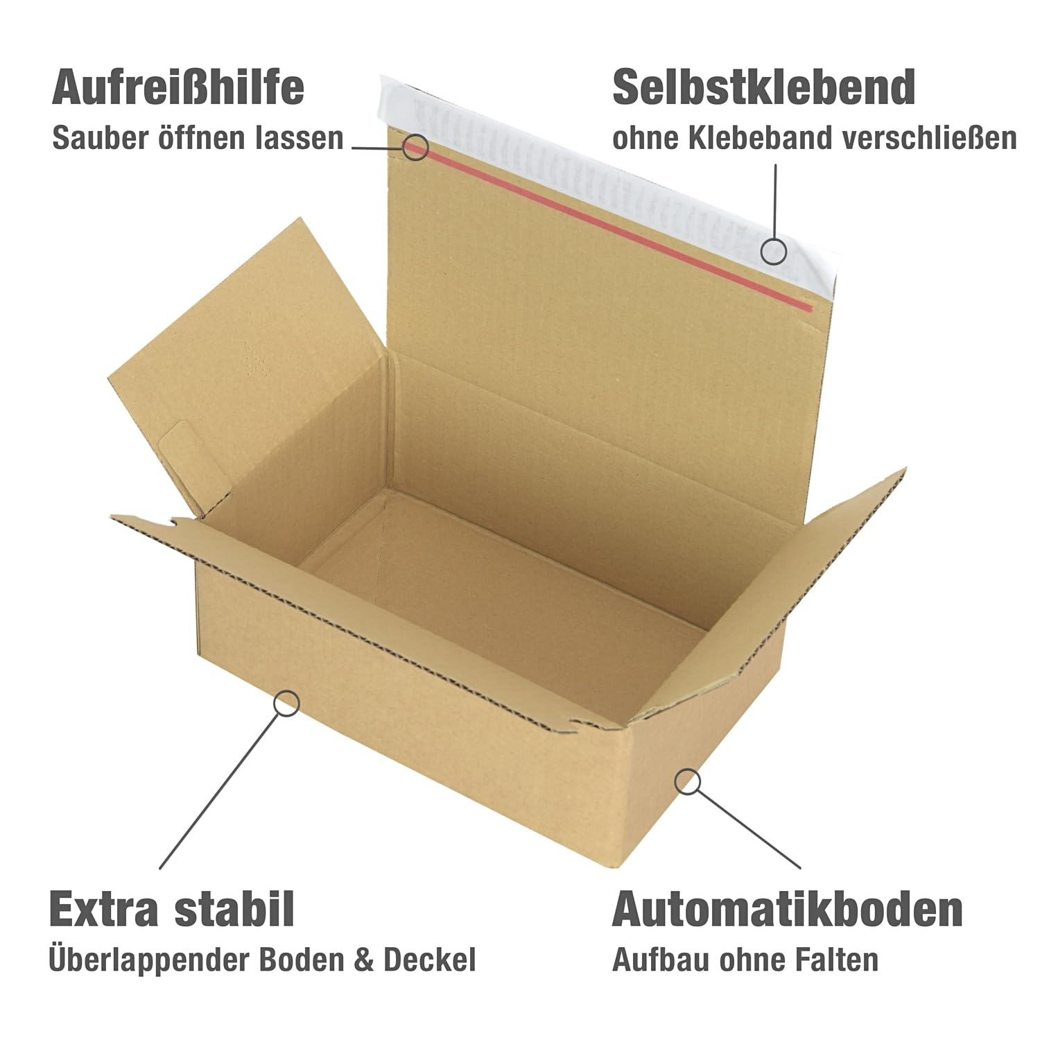 Oputec 100x Automatikkarton AK-29 230x160x80 mm – Automatik Versandkarton mit Blitzboden, Selbstklebeverschluss & Aufreißhilfe, stabiler Versandkarton aus Wellpappe für E-Commerce