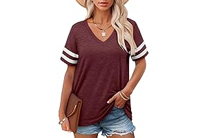 Women's Casual Summer V Neck T-Shirt, Short Sleeve Tunic Top, Loose Fit Maroon