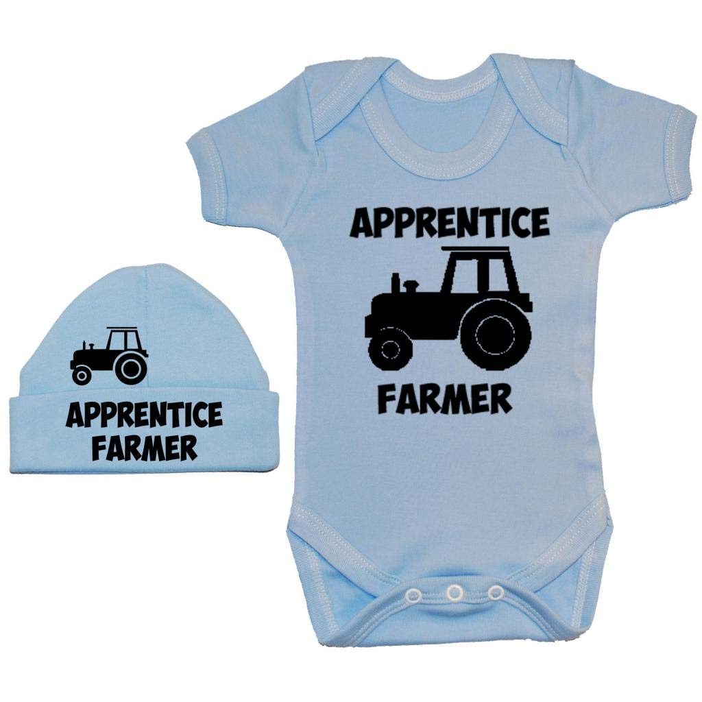 Acce Products Apprentice Farmer Baby Bodysuit, Romper & Beanie Hat - 3-6 Months - Blue