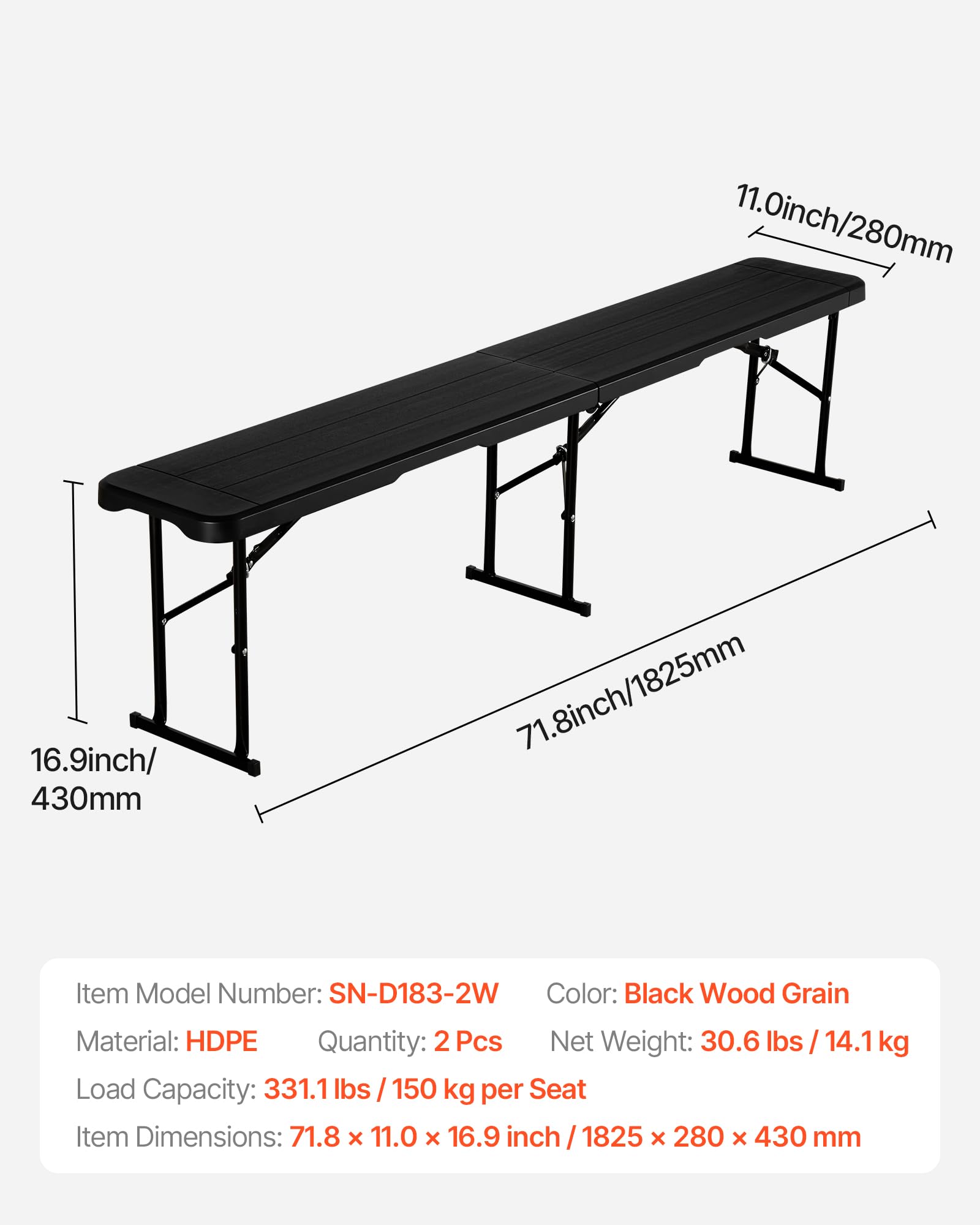 VEVOR Banc Pliant Portable en Plastique, 1825 mm, Banc de Camping, Lisse en PEHD imperméable, siège Pliable avec 2 Sacs de Transport, pour Pique-Nique, Football, Camping, Jardin, Noir (2 pièces)