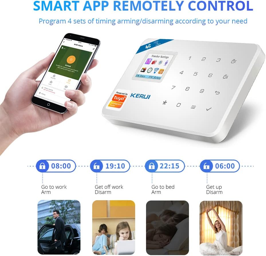 Smartphone displaying the KERUI W18 app with options for timed arming and disarming, showing examples for daily routines.
