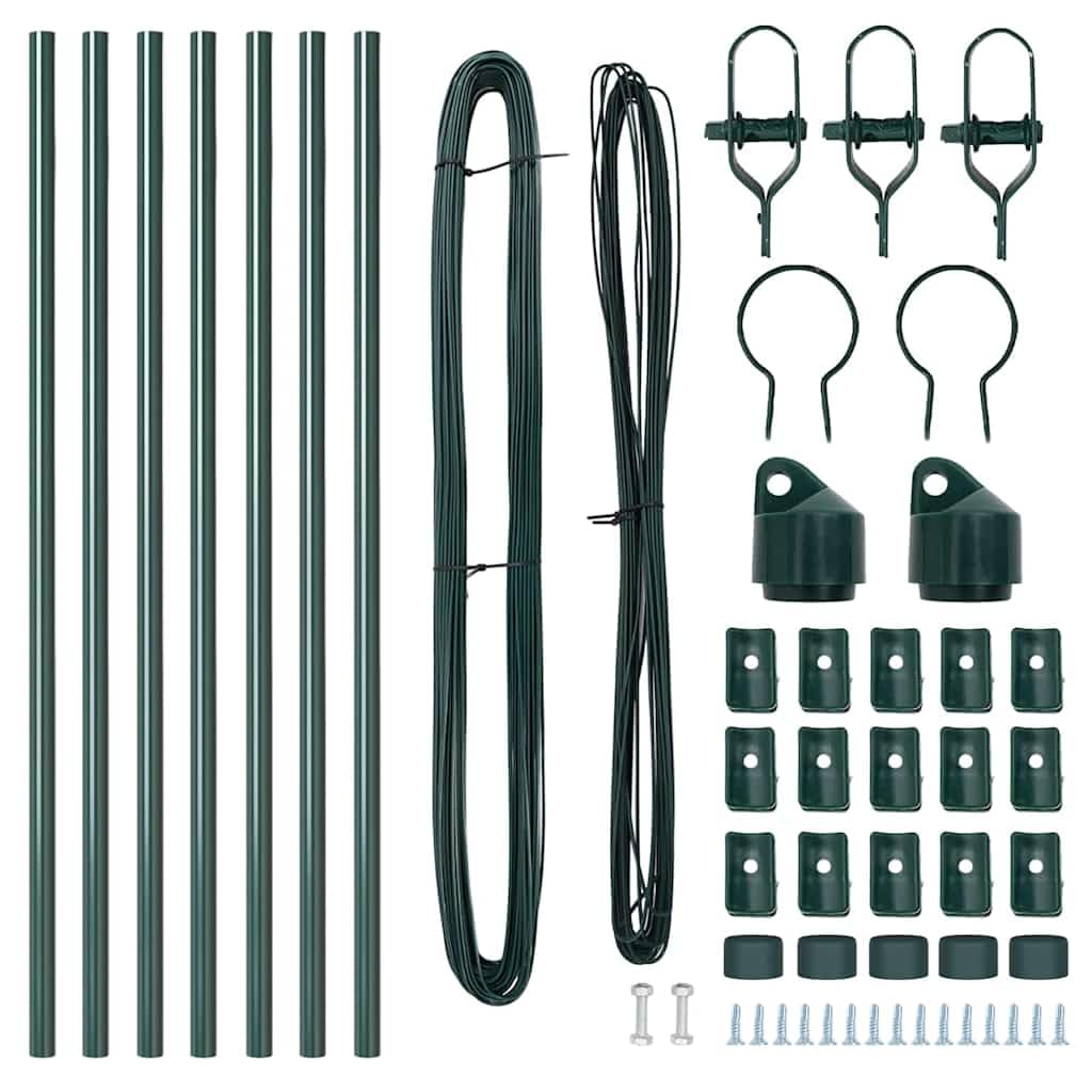 Postes de valla de hormigón de acero pulverizado, 7 unidades, color verde, diámetro de 3,2 x 100 cm, para jardín, terraza, parcela, resistente a la intemperie con accesorios