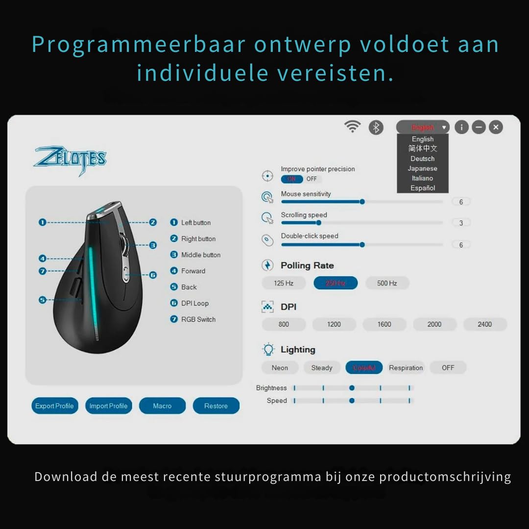DrPhone Elementkey F36 Verticale Muis 2.4Ghz USB + Bluetooth 5.0/3.0 – Ergonomisch – 8 Knoppen – 4800DPI – Programmeerbaar – RGB