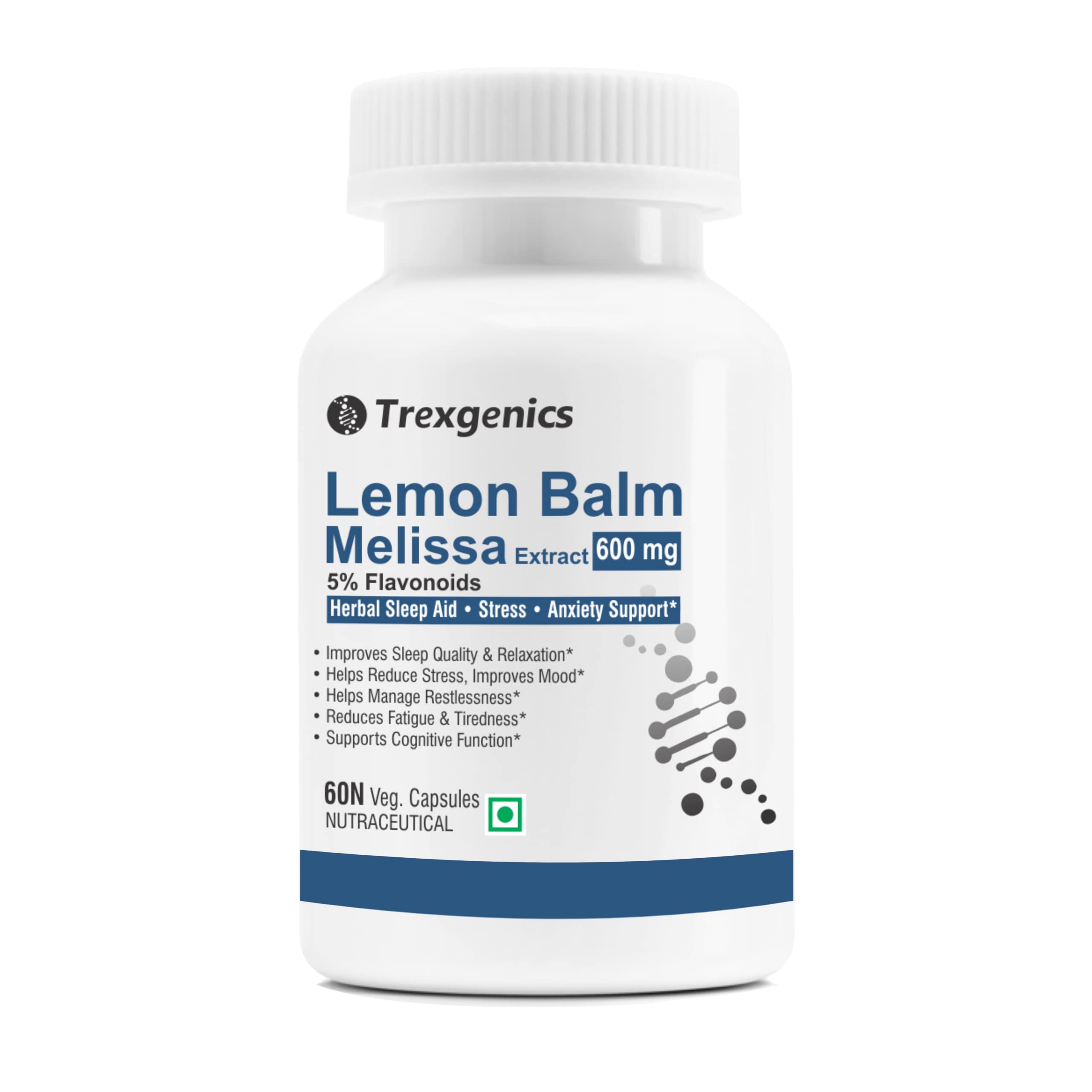 Trexgenics LEMON BALM 5% Flavonoids 500 mg Sleep, Relaxation, Mood Support VEGAN & NON-GMO (60 Veg. Capsules) (Pack of 1)