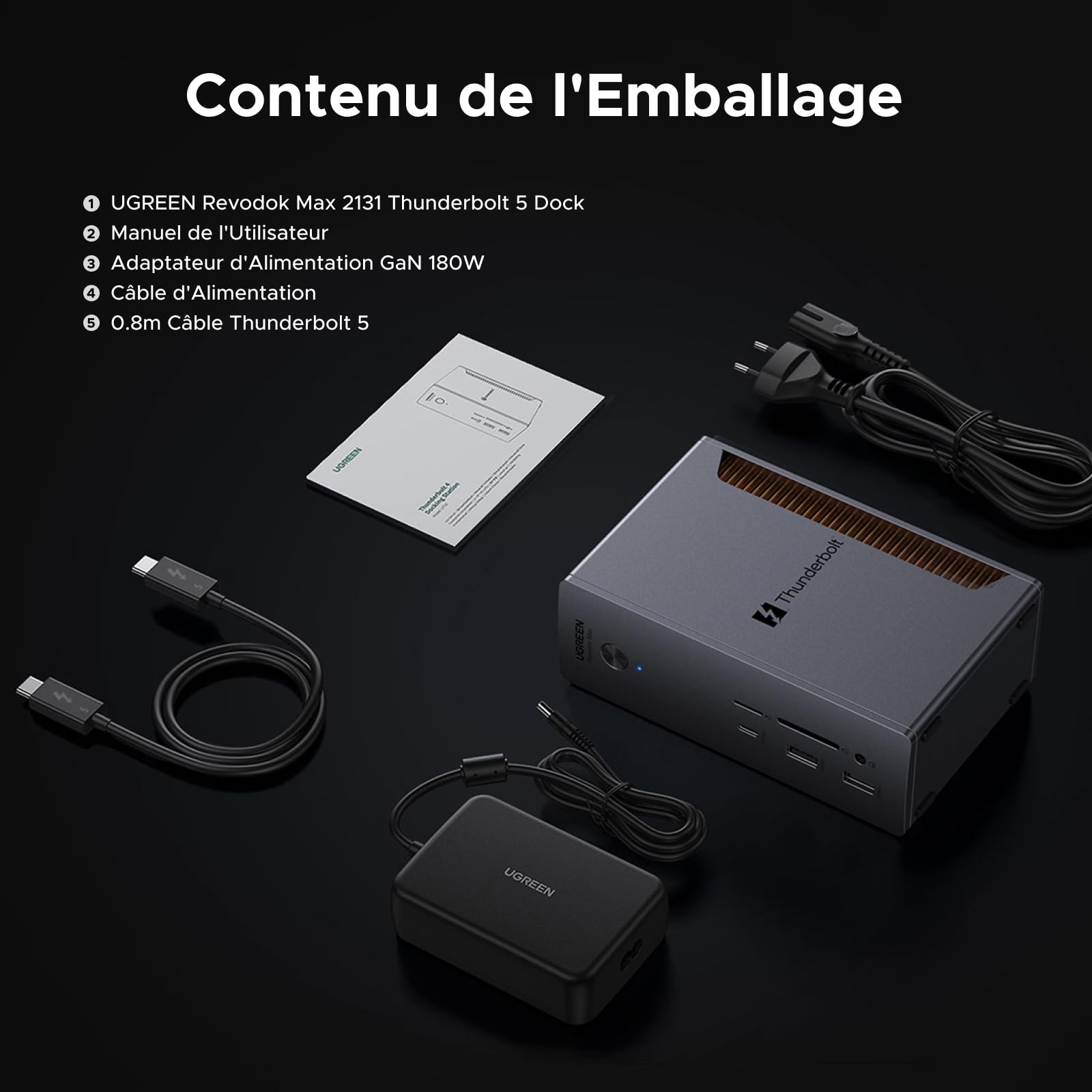 UGREEN Revodok Max 2131 Dock Thunderbolt 5 120Gbps Double Affichage 13 en 1 Docking Station d'accueil avec Plusieurs Thunderbolt 5 Multi USB 3.2 RJ45 2.5GbE SD TF 4.0 3.5mm Audio 140W Max Charge