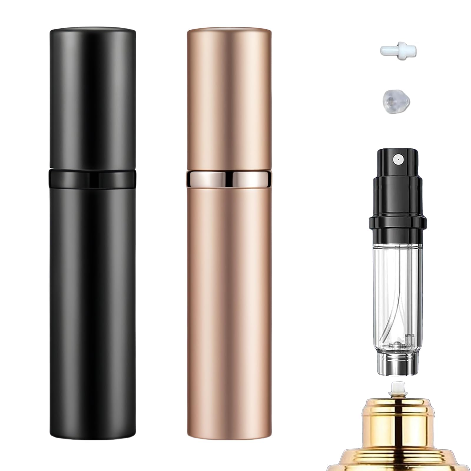 Atomizer perfum, 2 szt. Podróżny pojemnik na perfumy wielokrotnego napełniania parownik, perfumy rozpylacza do podróży, imprezy, codziennego życia (5 ml, czarny, różowe złoto)