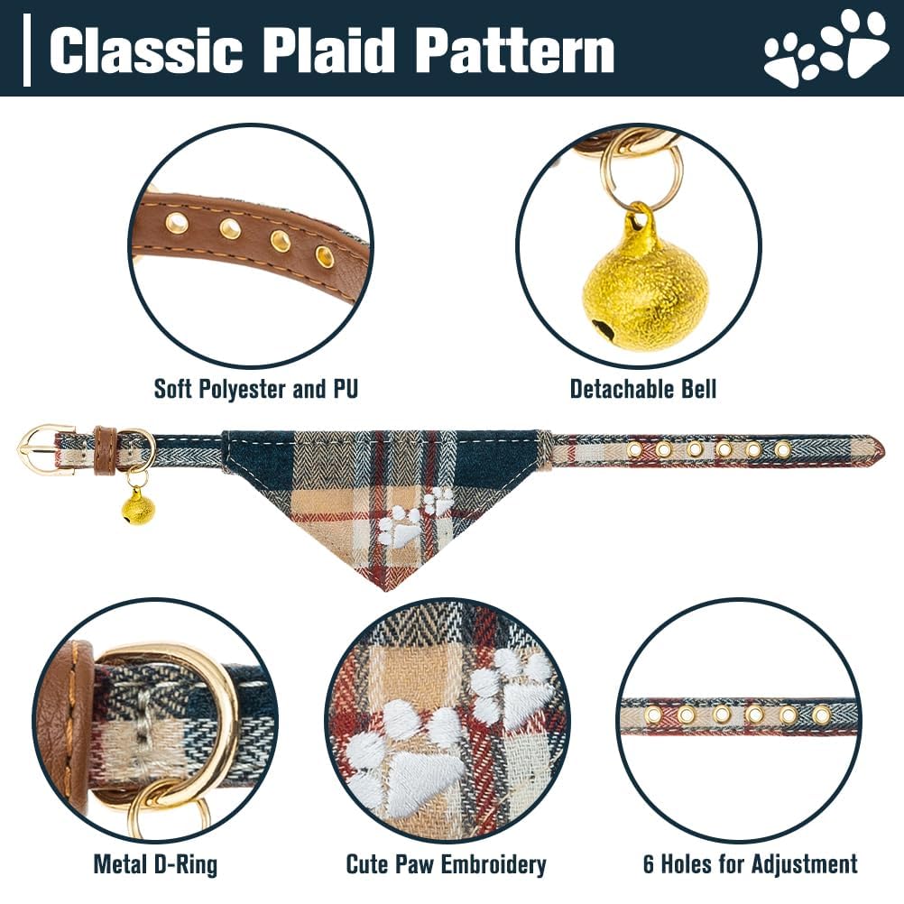 EXPAWLORER Dog Collar and Lead Set, Classic Plaid Bow Tie and Pawprint Bandana With Cute Bell, No Tangle Lead - Image 2