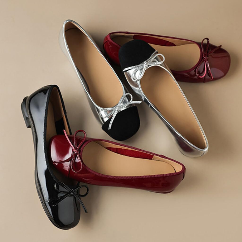 Ballerine da Donna in Pelle Lucida retrò con Fiocco, Scarpe Slip on morbide con Tacco a Blocco e Suola Antiscivolo, Sandali alla Moda e Comodi per Ufficio, Tempo Libero