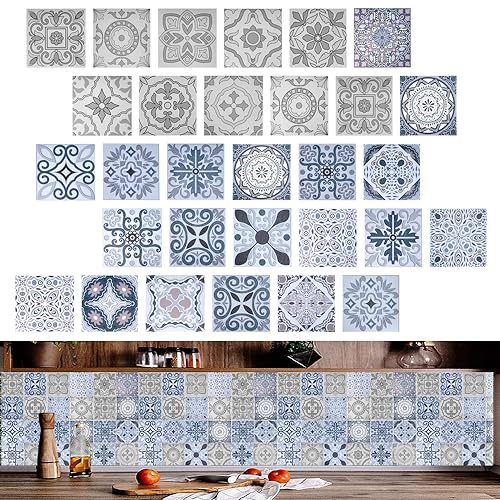 PEALOVCOM 30 Piezas Pegatinas Decorativas para Azulejos de Baño de 15 x 15 cm Azulejos de Vinilo Impermeable para Cocina Baldosas Elegantes Autoadhesivas para Decorar Escaleras Suelos Muebles
