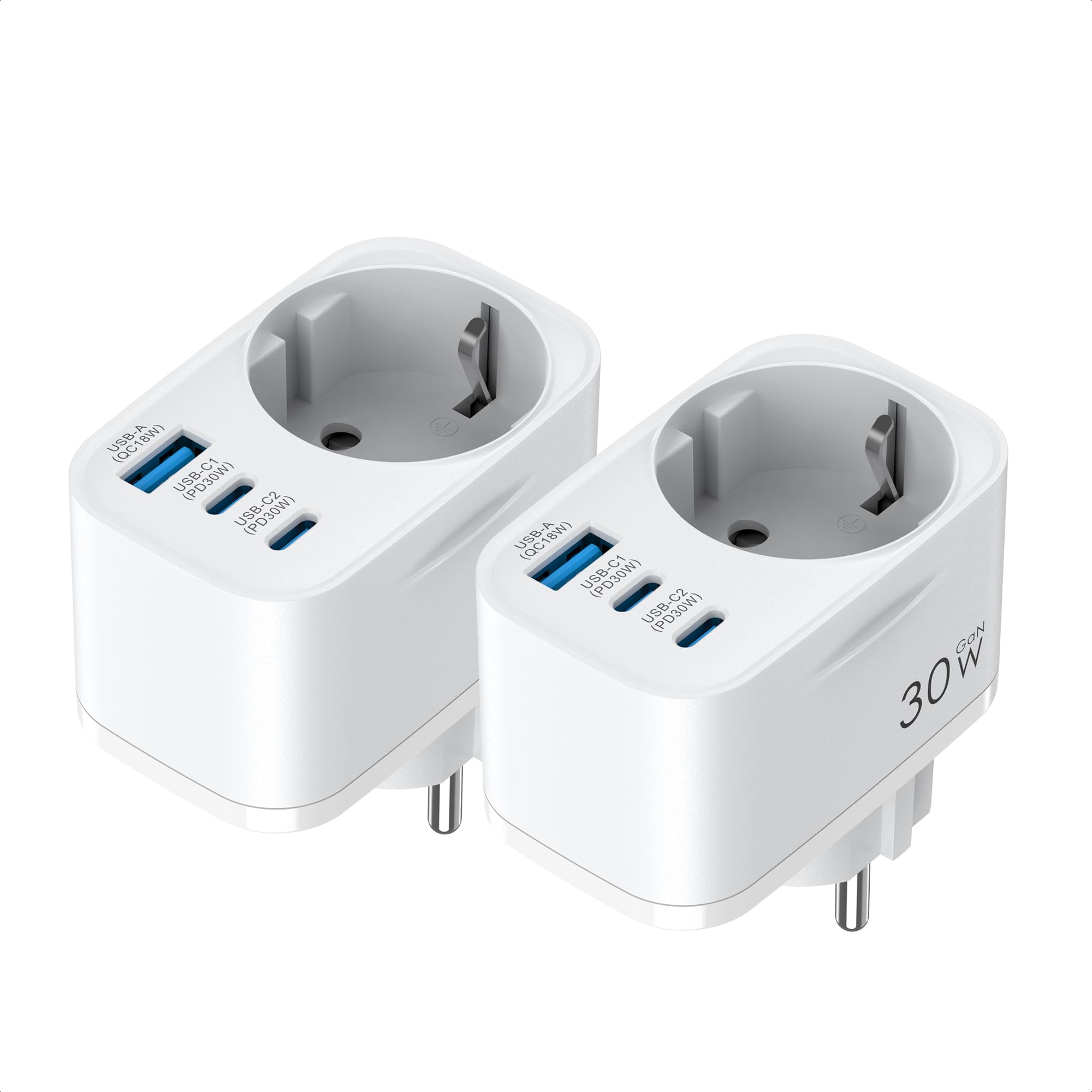 TOPADRE 2-Pack Prises Allemandes Murale avec 2 ports USB-C et USB-A, Chargeur Rapide 30W, Multiprise 4 Sorties, Adaptée aux Appareils Sans Terre, Prise Schuko 3680W avec sécurité enfant pour téléphone