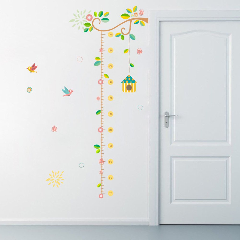 Wland 20 inches x 48 inches Spring Flowers Vines Leaves Birds Birdcage Animals Measurement Growth Chart Removable Vinyl Wall Decals Stickers for Children Room Nursery
