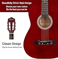 Vista 3 de Kit básico de iniciación de guitarra acústica de viaje de 96.5 cm para principiantes, con afinador, cejilla, cuerdas, enrolladores de cuerdas