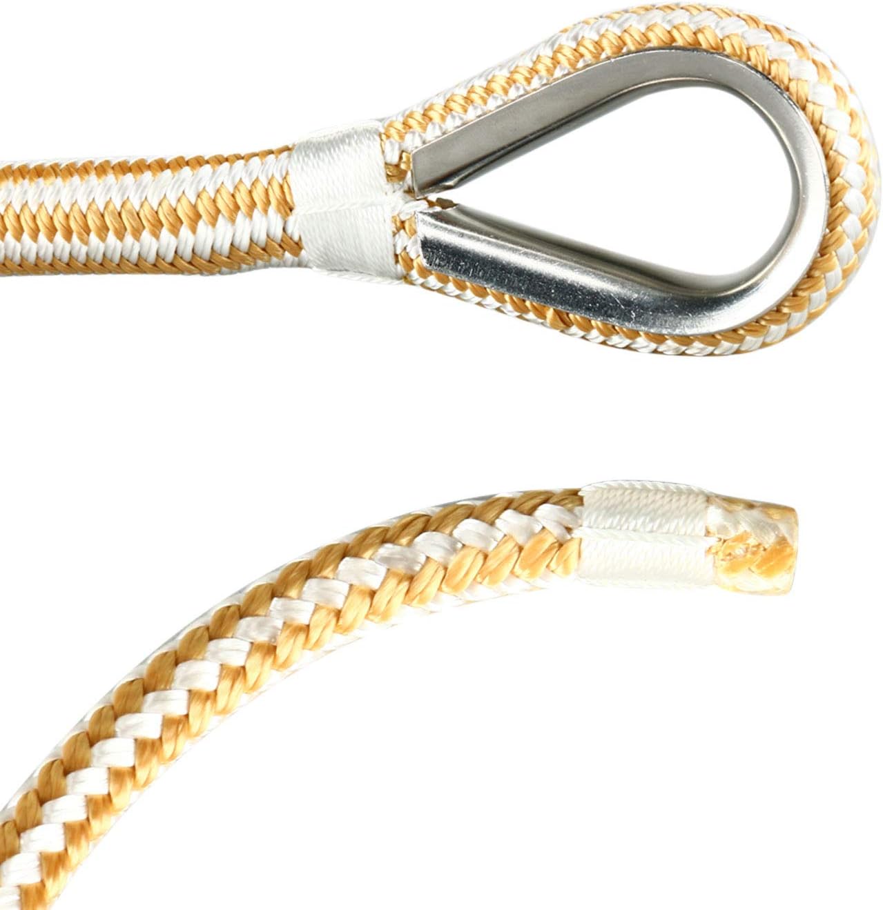 Amarine Made Heavy Duty Double Braid Nylon Anchor Line with Stainless Steel Thimble-White/Gold Color 1/2 inch Thickness 150 ft Length - Image 6