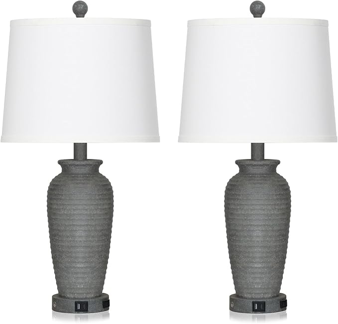 Cinyirong 25" Grey Vintage Table Lamp Set of 2 Farmhouse Jar Table Lamps for Living Room，Touch Bedside Lamps with USB A+C Ports & AC Outlet, Pot Nightstand Lamps for Bedroom Living Room (LED Bulbs Included) photo 6