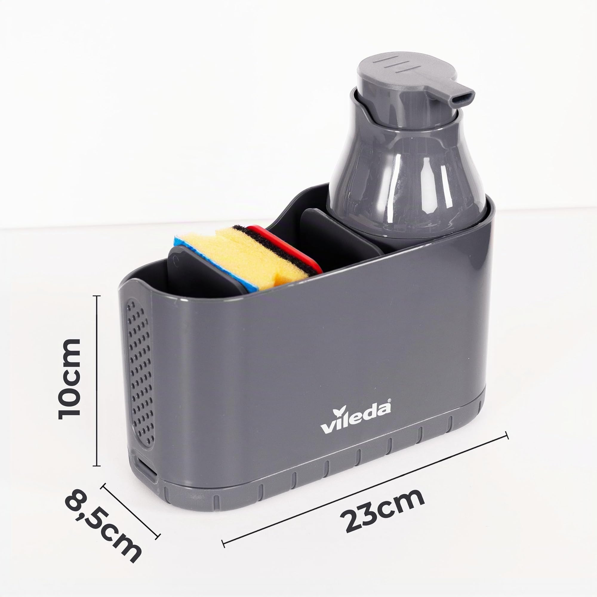 Vileda Organizador de Fregadero con Dispensador de Detergente - Soporte de pie para esponjas y cepillos con dosificador de jabón - Organizador de cocina de plástico con divisores ajustables