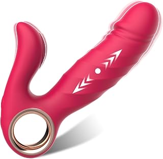 Thrusting Rabbit Vibrator for Intense G Spot & Clitoral Bliss, 2-in-1 Vibrating Dildo with 5 Thrusting & 10 Vibration Modes, Adult Toy with Easy-Grip Ring Handle
