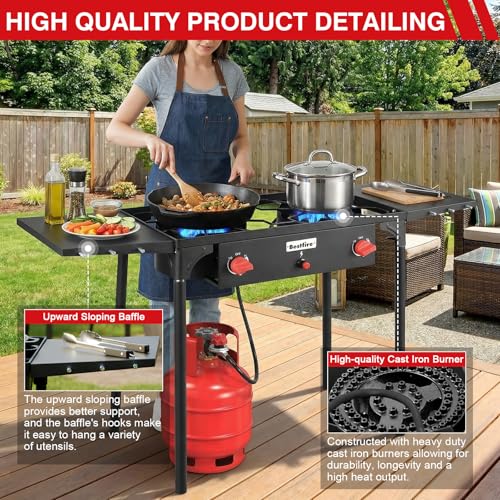 Image of Bestfire 2 burner Camping Stove with Auto Ignition Button,Side Shelves & Regulator150,000 BTU High Pressure Gas Stove Propane Burner With Removable Legs for Outdoor BBQ&Backyard Cooking Camping Home