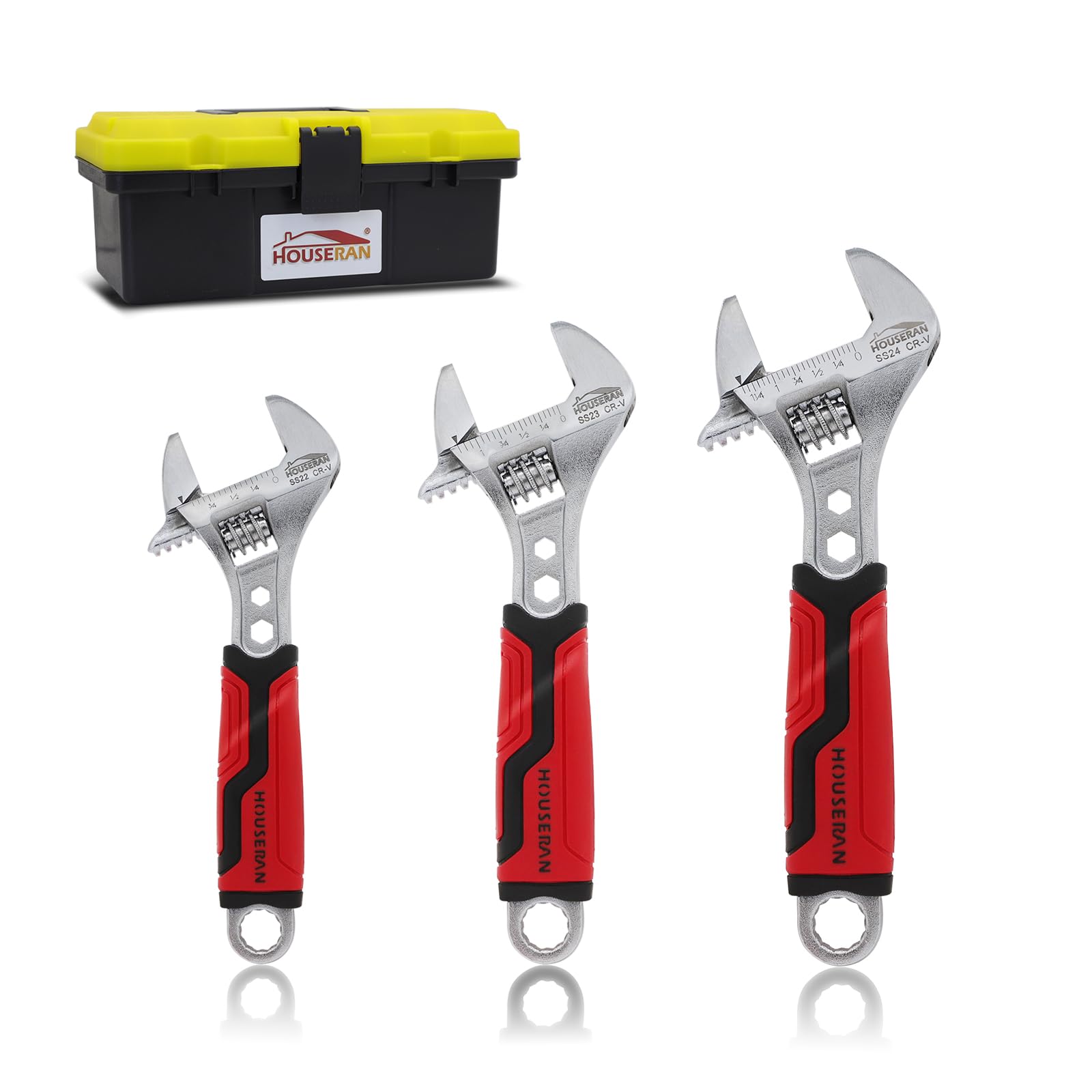 HOUSERAN 3-Piece Adjustable Wrench Set, 160mm, 210mm, 260mm, Wide Jaw Adjustable Wrench Set with Metric & SAE Scales, Cr-V Steel Wrenchs with Tool Box