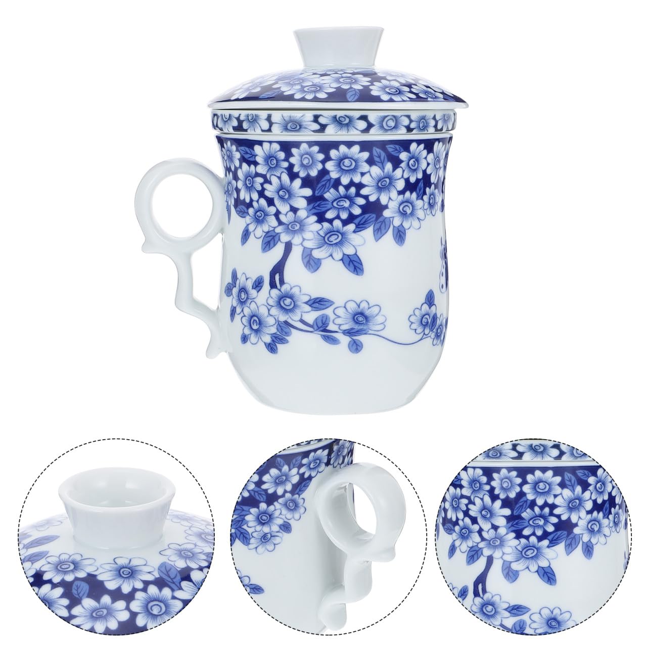 Tasse à Thé en Porcelaine Chinoise Bleue 1 Pièce en Céramique | Couvercle Filtrant Inclus, Surface Lisse, Poignée Anti-brûlure, Usage Bureau