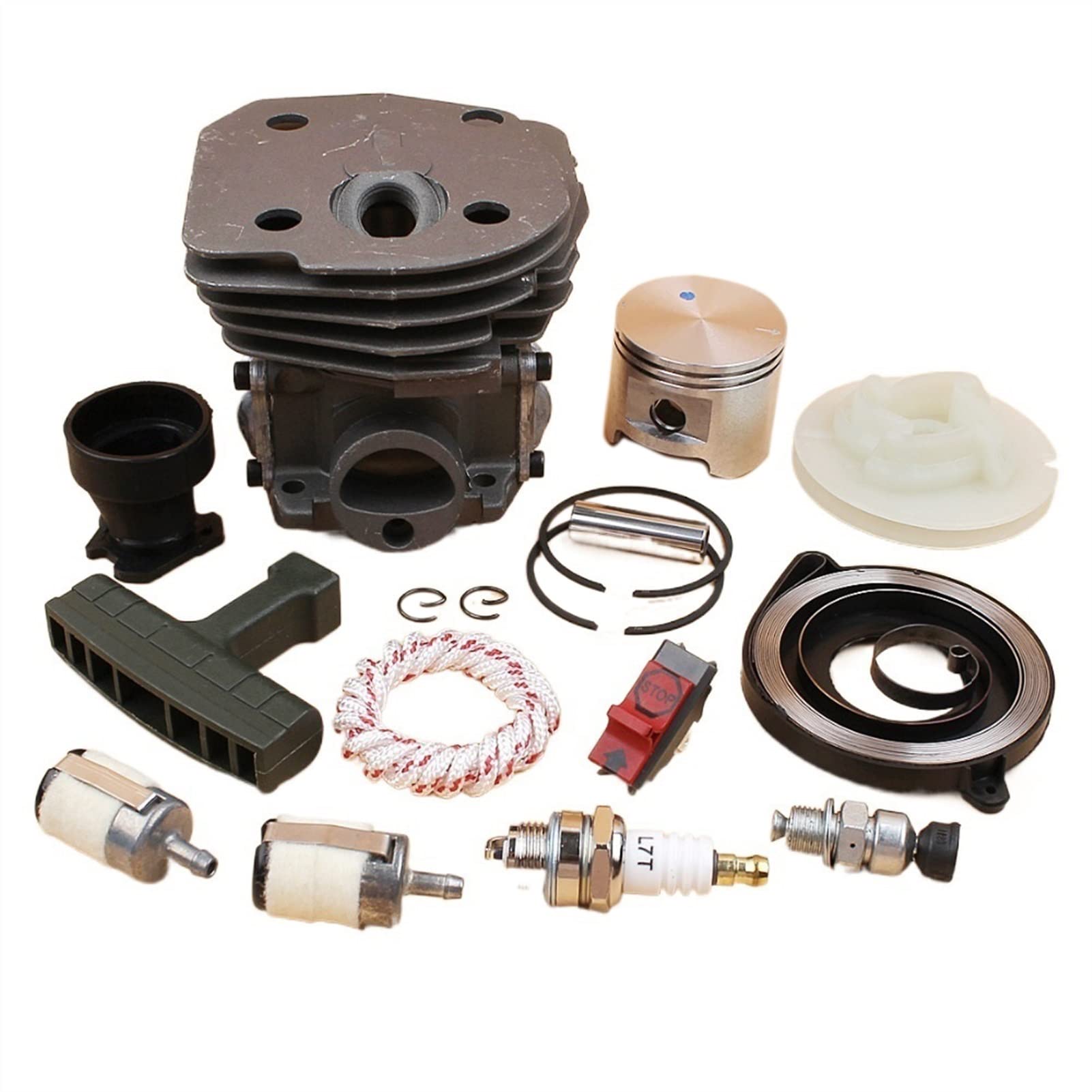 Parti di ricambio per utensili elettrici per esterni 45 mm Cilindro Pistone Catena Regolatore Recoil Molla Puleggia Aspirazione Set Fit 340 345 350 346 346XP 351 Motosega Ricambi per Patio Prato