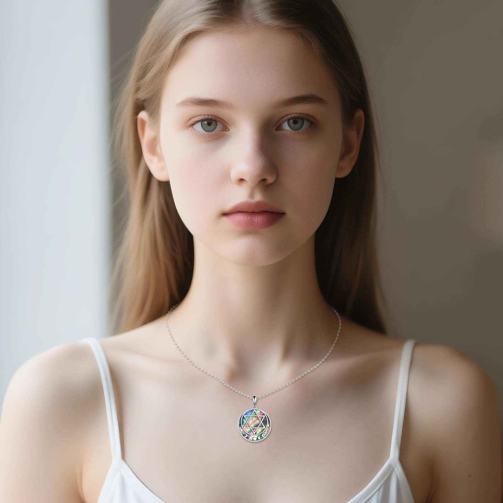 Collana con ciondolo a forma di stella di David, in argento Sterling 925, con conchiglia di abalone e fasi lunari, gioiello da donna
