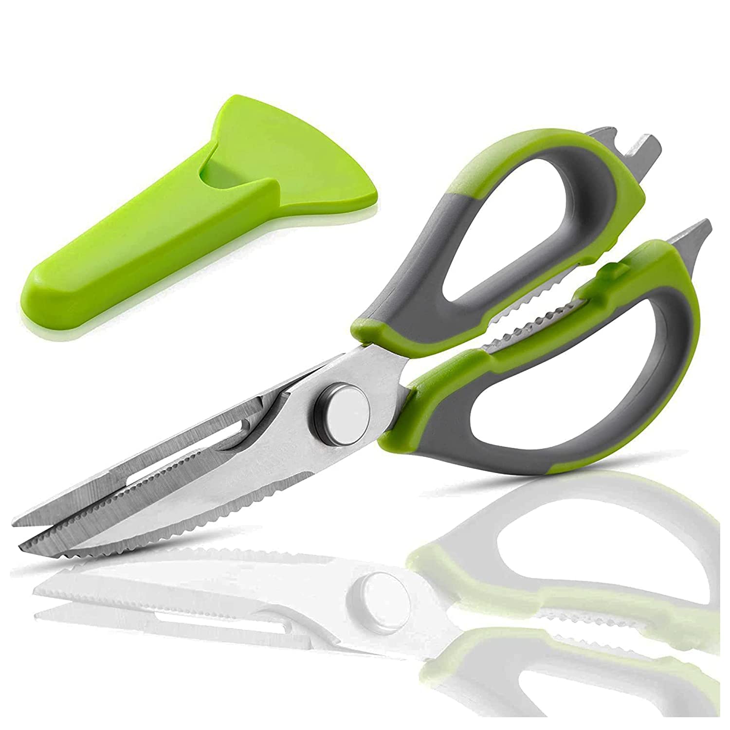 MISSLOOKMISSLOOK Multifunctional Kitchen Scissors Stainless Steel Shears Heavy Duty 10 in 1 Household Scissors with Magnetic Holder for Chicken, Fish, Seafood, Cutter, Peeler, Opener, Slicer (Pack of 1)