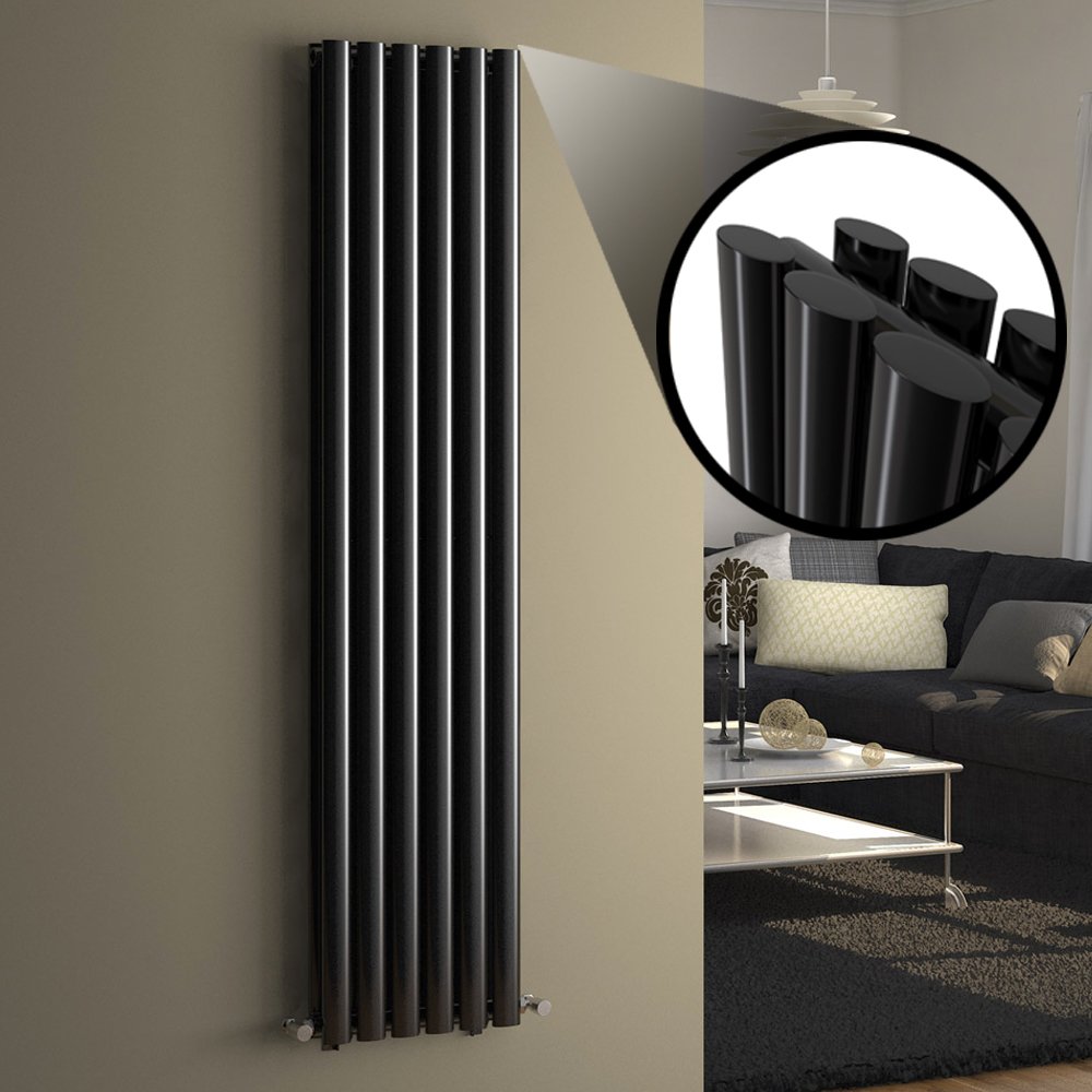 iBathUK Strata Wall-Mounted Vertical Double Oval Panel Radiator, 6 Column Steel High Thermal Output Hydronic Central Heating, Designer Modern Radiator in Gloss Black, 1600 × 354mm — image 1