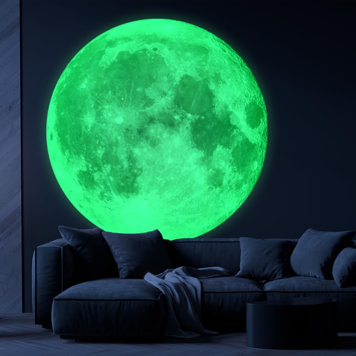 Huge Glow in The Dark Moon Wall Stickers 6 Sheets Night Luminous Full Moon Decals Peel and Stick Wall Decor for Kids Room Bedroom Living Room(51.18 inches × 50.39 inches) (Green)