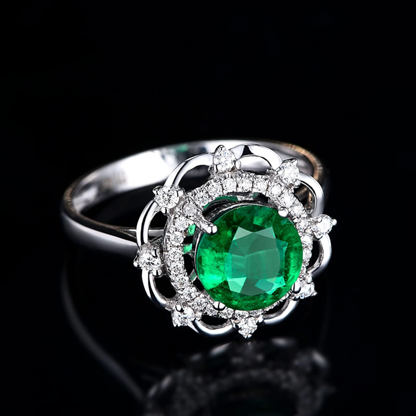 Anillos de boda para mujer, oro de 18 quilates/plata de ley 925, flor hueca con corte redondo de 1,4 quilates creado en laboratorio, anillo de compromiso de esmeralda, esmeralda sintética Cubic Zirconia