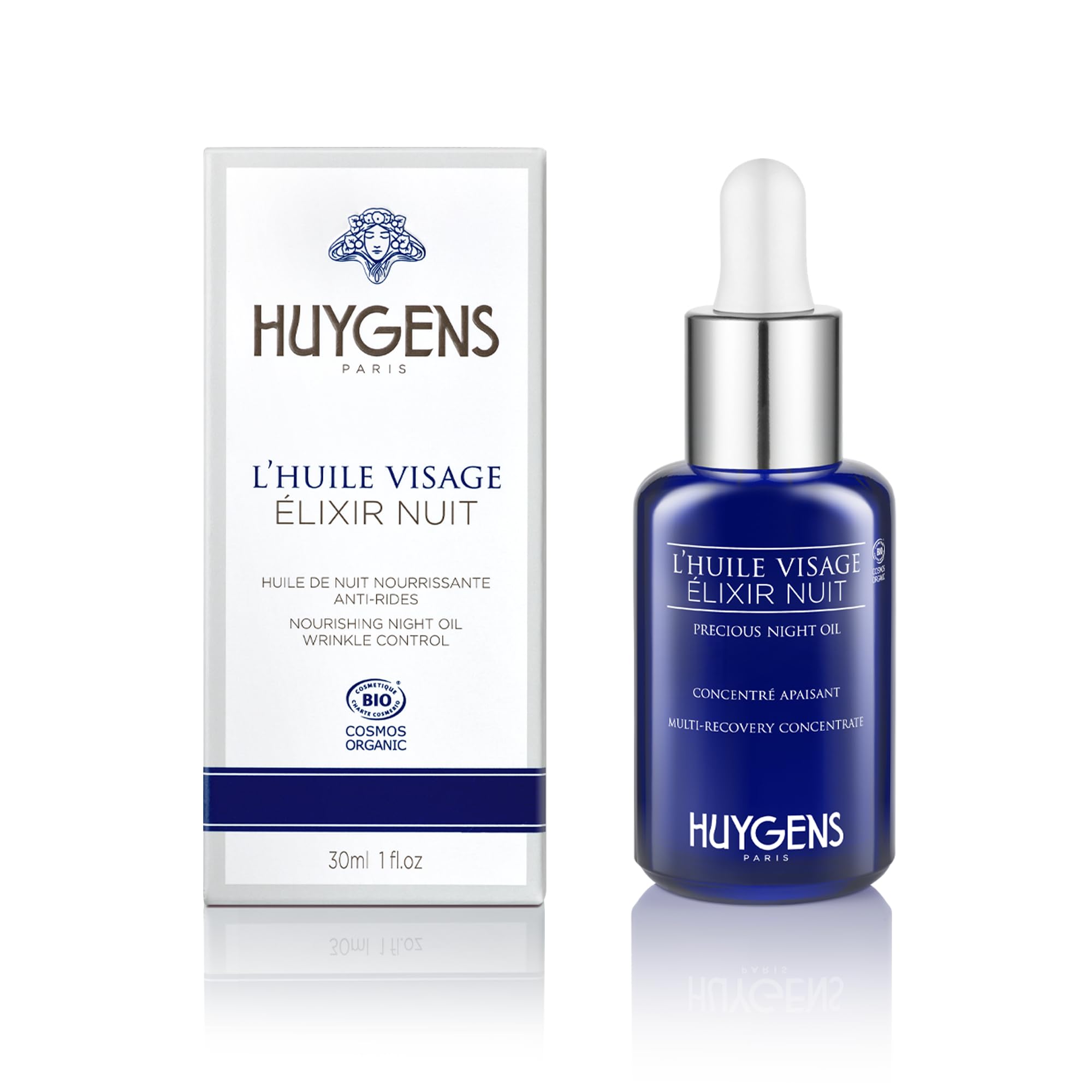 HUYGENS Elixir Night Oil – Concentré régénérant à l'argan, au jojoba & aux vitamines B, C, E – Serum visage hydratant anti rides – Certifié bio, 100% naturel, Fabriqué en France, 30 ml