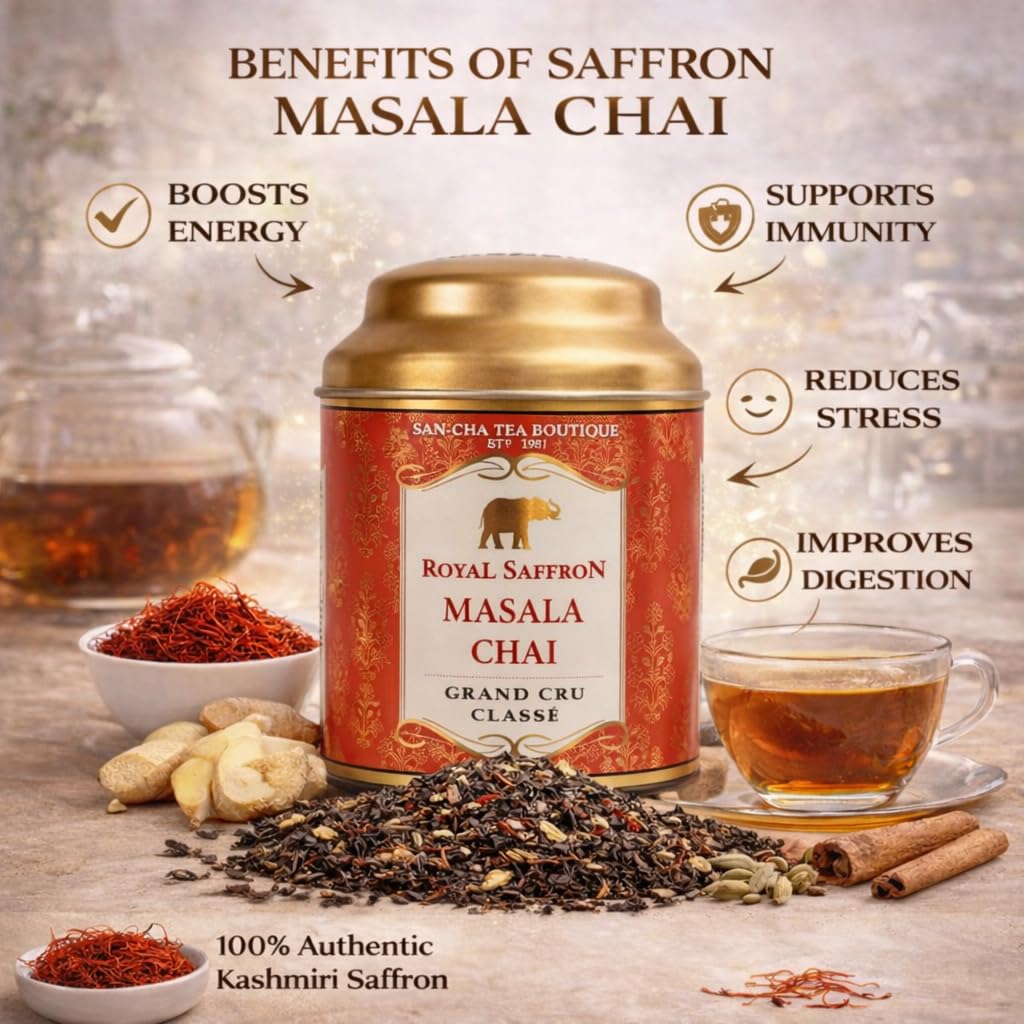 Sancha Tea Boutique, Royal Saffron Masala Chai, 50g Loose Leaf Black Tea, Premium Kesar Blend with Himalayan Saffron & Indian Spices, Grand Cru Selection 1