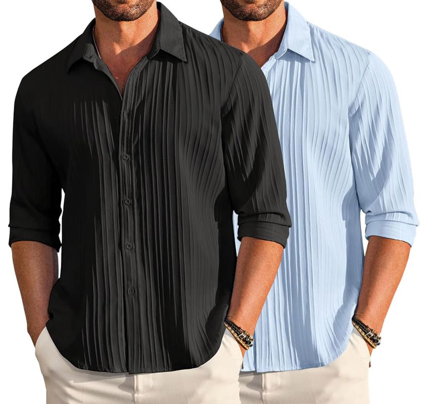 Image of DEELMO Combo of Men's Casual Button Down Shirts Long Sleeve Linen Shirt Fashion Textured Summer Shirts Pack of 2