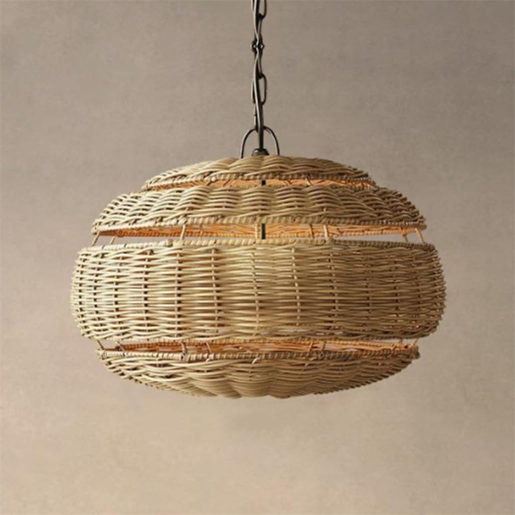 CSSYKV Mid-Century Rattan Basket Pendant Light for Bedroom Lamp Fixtures with E27 Bulb 18.9 Inches Large Farmhouse Rattan Cage Chandeliers for Kitchen Island, Living Room, Master Bedroom