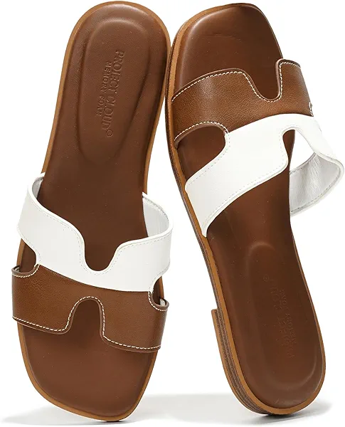 Project Cloud Genuine Leather Summer Sandals for Women 2025 - Fashion Flat Womens Sandals with Memory Foam Insole Slides Sandals Women Footwear - Mules Women's Sandals(Jannel,Brwnwhit,9)