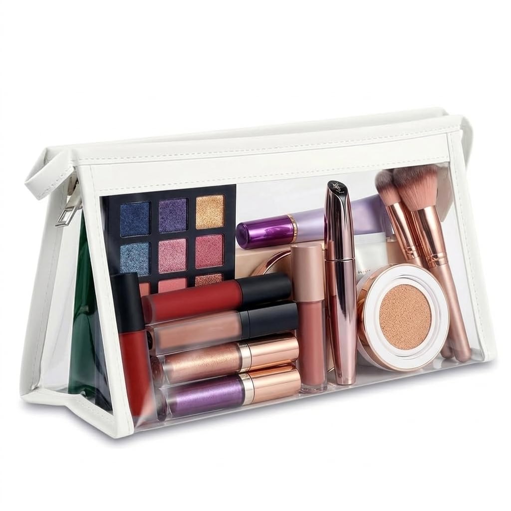GLUN® Transparent Makeup & Pencil Pouch with Zipper | Clear Cosmetic & Stationery Organizer | Waterproof Travel Toiletry Bag for Women, Girls & Students (White)