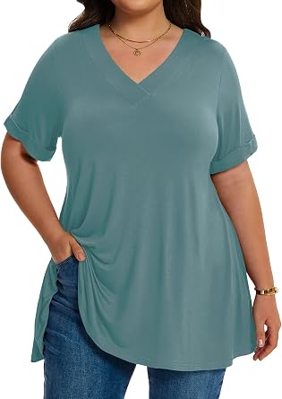 LARACE Women Plus Size Summer Tops Cuffed Short Sleeve Tunics T-Shirts
