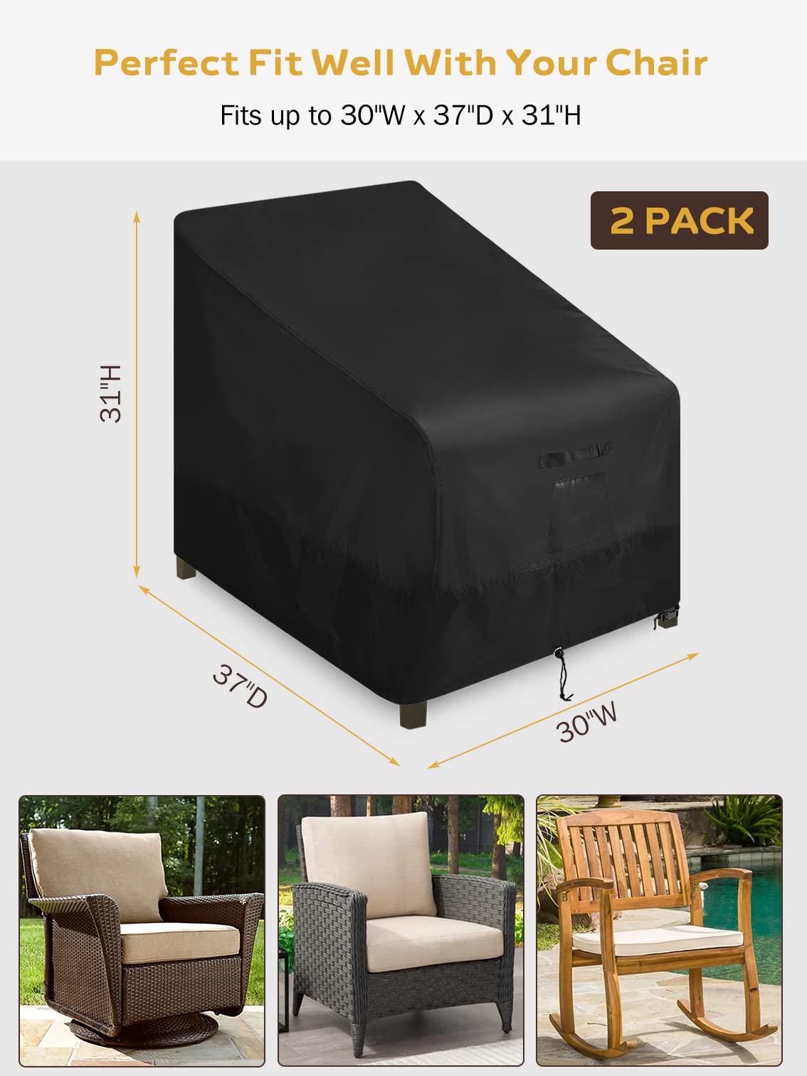 EGIS 2 Pack Heavy Duty Waterproof Patio Chair Covers - 600D Oxford, 30x37x31 Inch, For Outdoor Lounge & Deep Seat Chairs