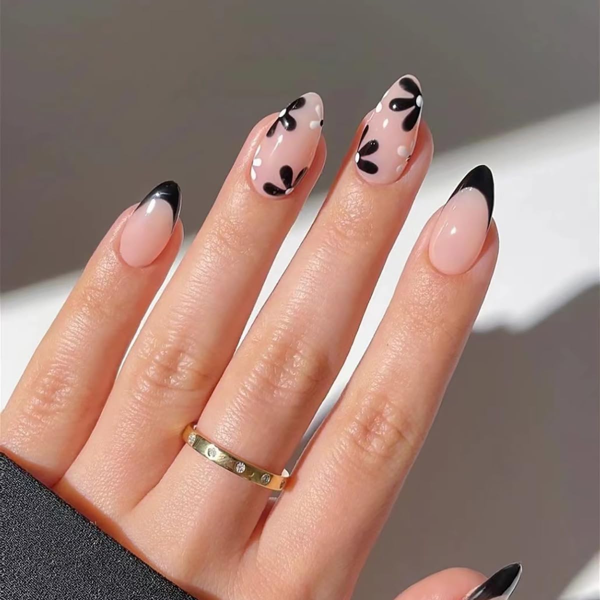 SXVME Black French Tip False Nails Almond Shape French Press on Nails with Floral Designs Natural Nude Artificial Fake Nails Medium Length Gel Stick on Nail for Women Office Summer Wear 24Pcs