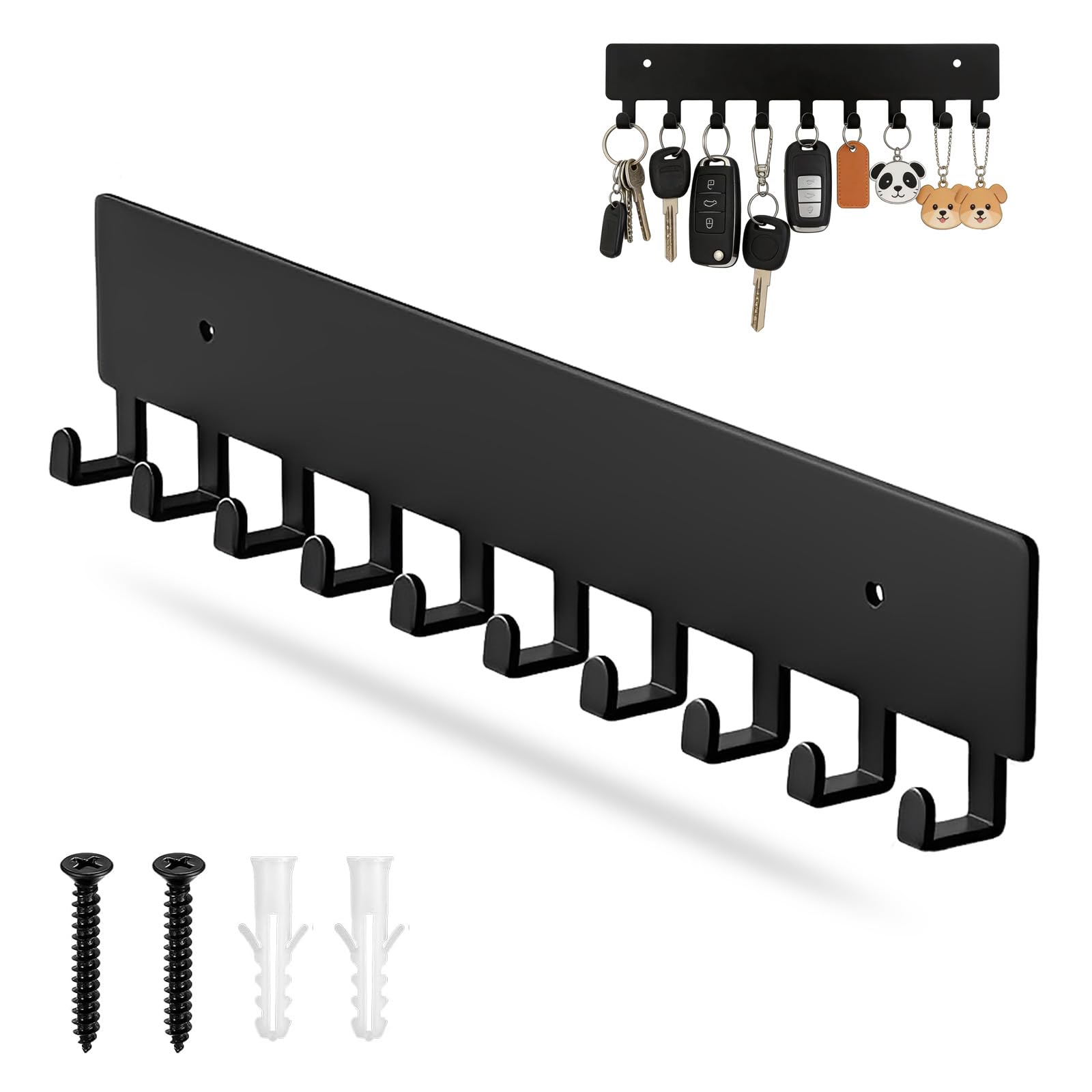 ECVUKQ Key Holder for Wall, Key Hooks Wall Mounted with 10 Hooks Metal Keys Rack Drilling Keys Hanger for Hallway Bedroom Living Room Bathroom Office Kitchen Black