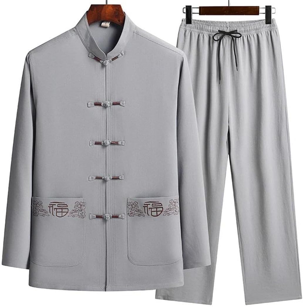 Men's Spring Two Piece Tang Suit Chinese Clothes Elastic Waist Wide Leg Pants Soft Comfortable Shirt Trousers