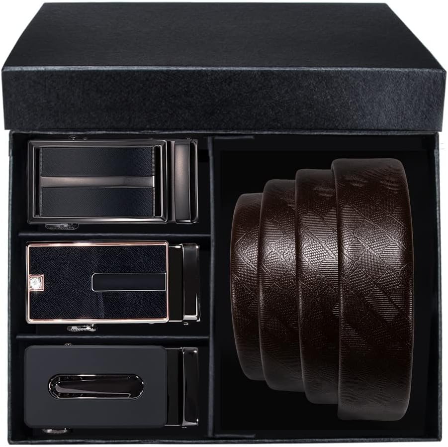 Yhua 牛革フォーマルメンズベルトビンテージ自動バックルスーツドレスビジネスウエストバンドギフトボックスメンズベルトセット 110cm Brown Color Size 低価格化 Color