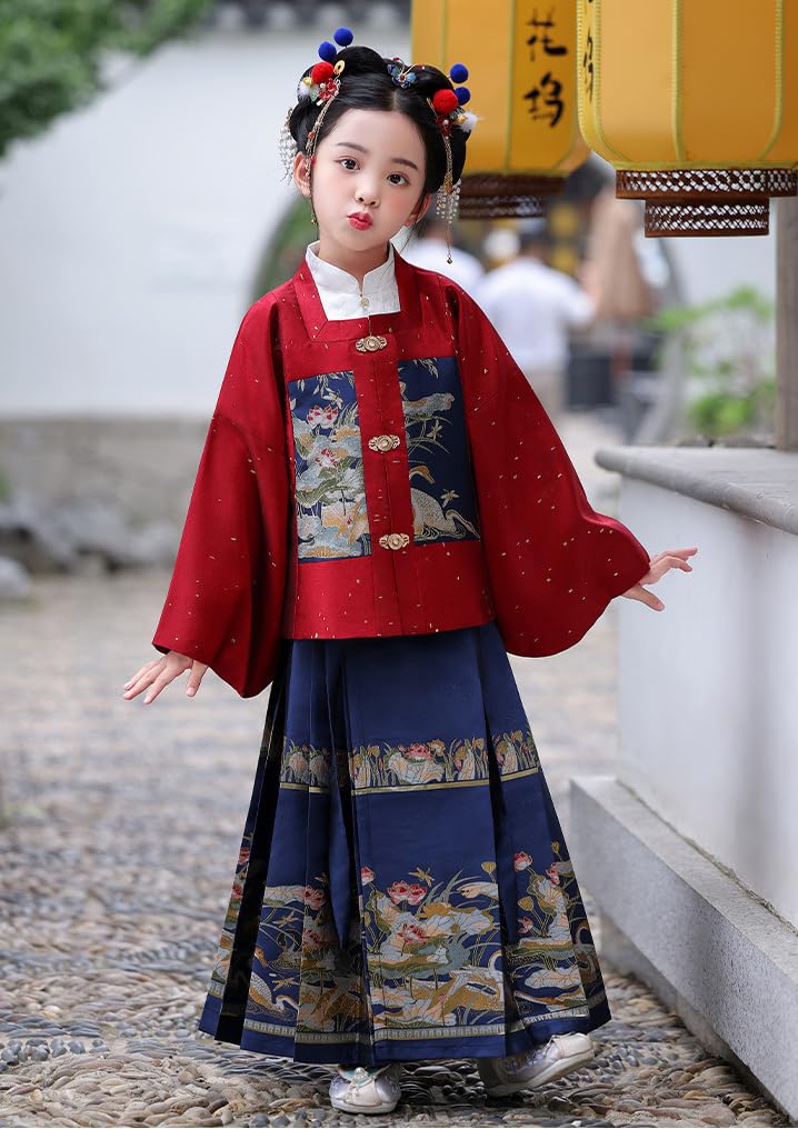 NIBHZ Dziewczęcy zestaw spódnica i top w stylu Hanfu, zimowa odzież dziecięca w nowym chińskim stylu z tradycyjnym chińskim nadrukiem,Red,140cm