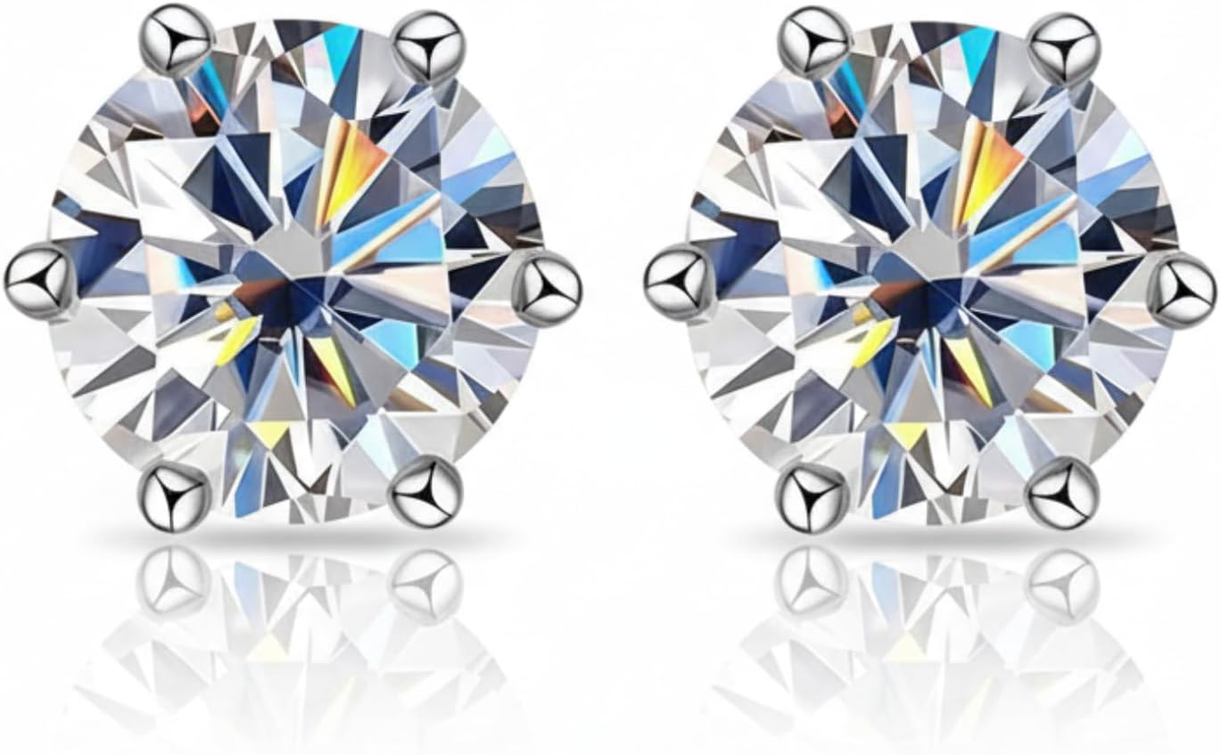 Classic 6-Prong Moissanite Stud Earrings for Women Men, 0.2ct-2ct TW D Color VVS1 Round Brilliant Cut Diamond Earrings, 14K White or Yellow Gold Plated 925 Sterling Silver Solitaire Studs, Hypoallergenic Everyday Luxury Jewelry Gift