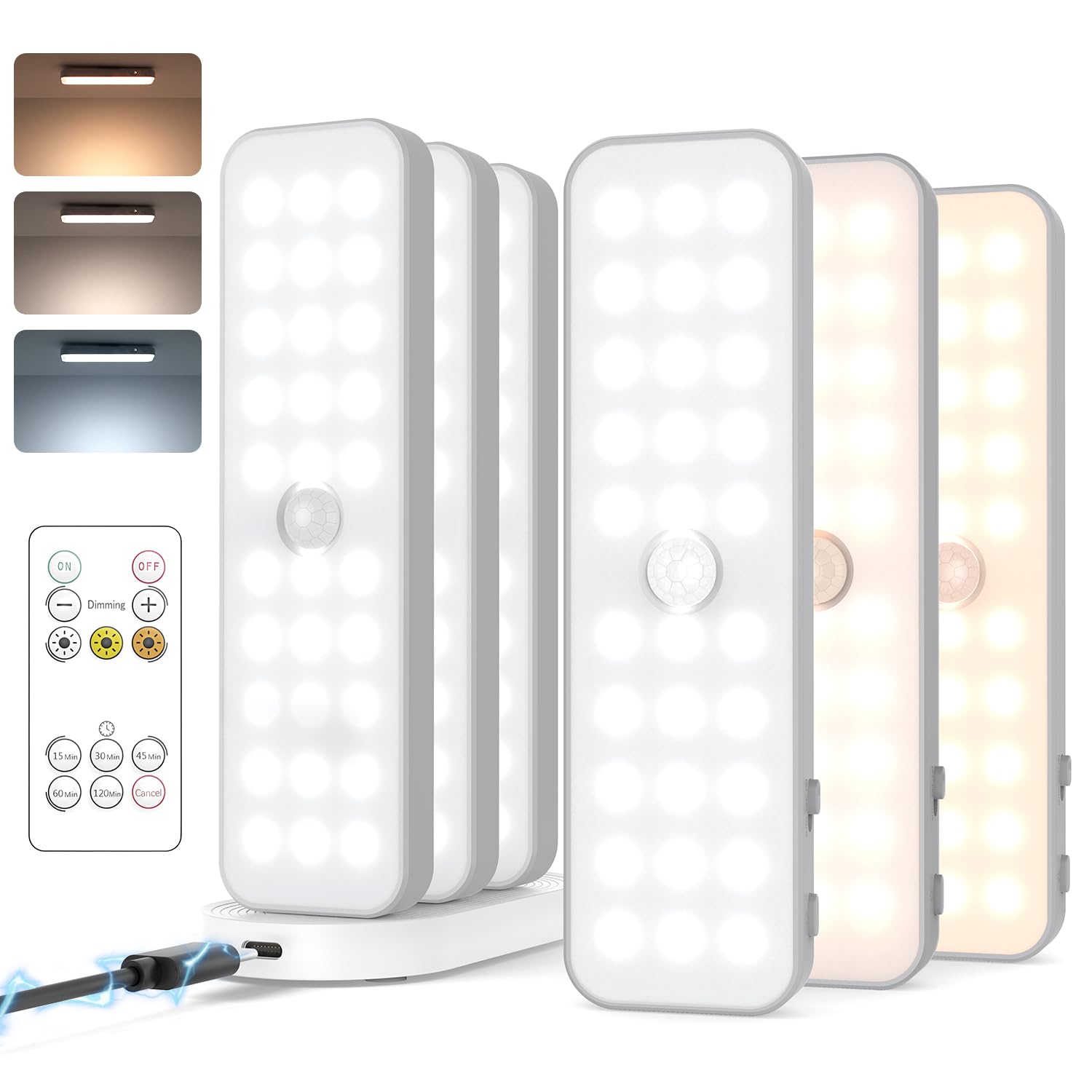 GOODEA 6 Stück Kabellose Schranklicht mit Bewegungsmelder - 15cm 60-LED 1200mAh LED Schrankbeleuchtung mit Fernbedienung Timer 3 Farbten Dimmbar - Küche Unterchrank Treppe Flur Beleuchtung