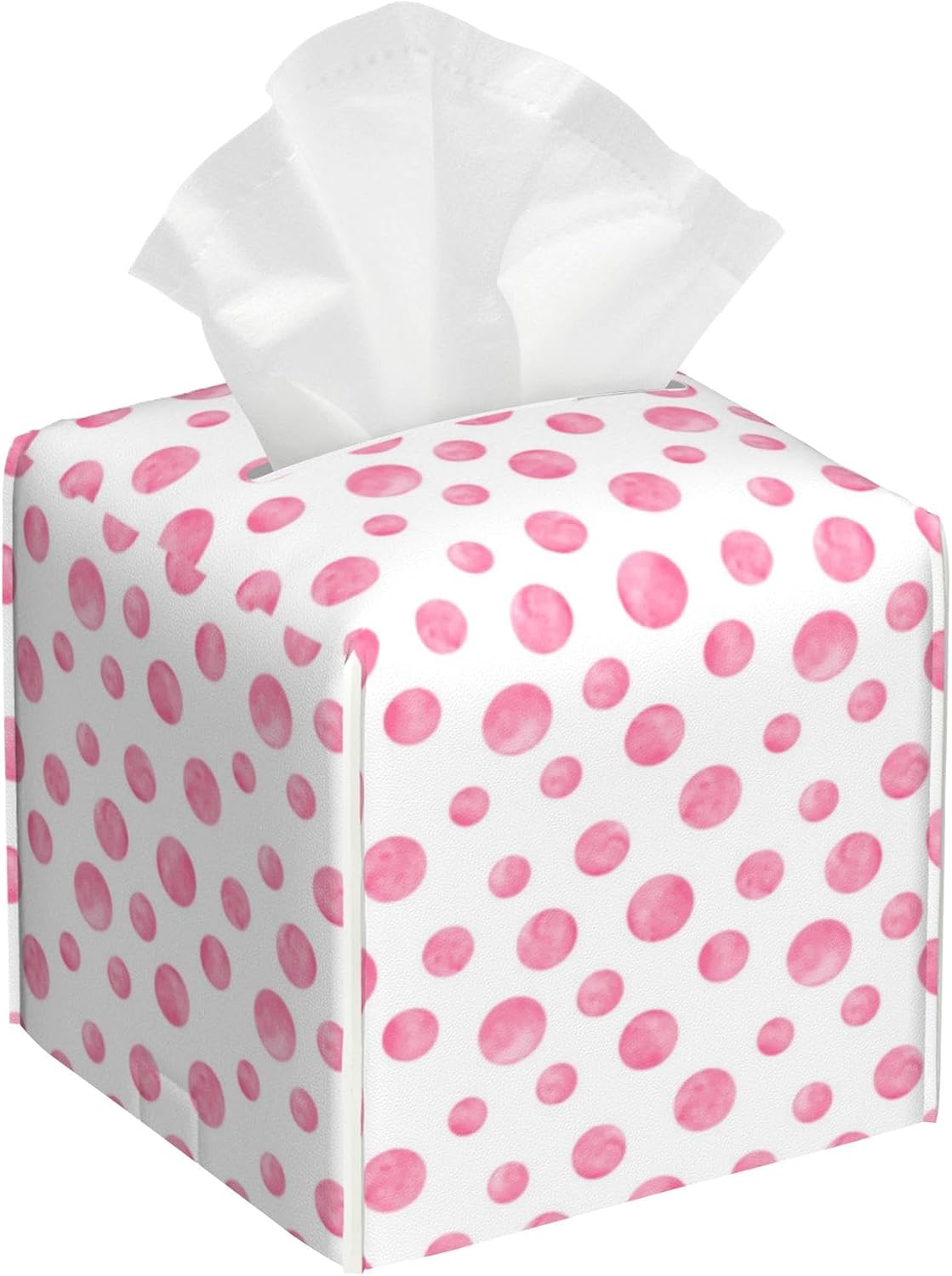Pink Polka Dots Tissue Box Holder,Cube Tissue Box Cover Holder,Leather Facial Paper Organizer Dispenser Home for Bedroom Night Stands,Kitchen,Office and Car,5.2"×5.2"×5.2"