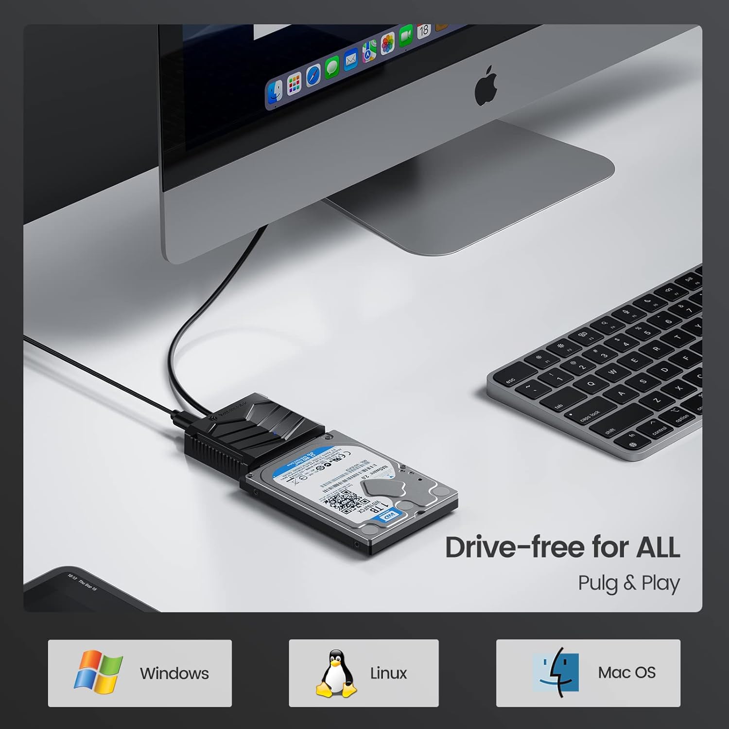 Yottamaster adapter connected to a 2.5-inch hard drive and a desktop computer, demonstrating driver-free plug-and-play compatibility with Windows, Linux, and macOS.