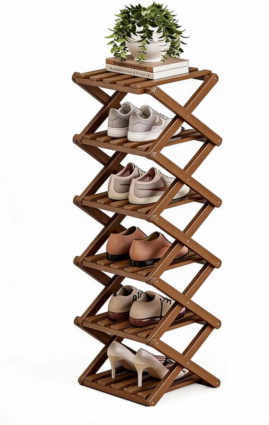 Bamboo Folding Shoe Rack for Entryway | Vertical Free-Standing Organizer with Shelves | No-Assembly Space-Saving Storage for Closet, Living Room | Small Footprint Design (6, Brown)