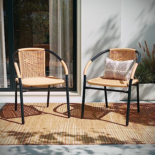 Image of EMMA + OLIVER Set of 4 Modern PE Rattan Stack Chairs, Indoor /Outdoor Patio Dining Chairs, No Assembly Required, Beige